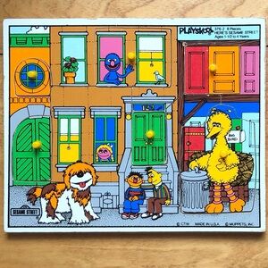 Vintage Sesame Street Playskool Wood Tray Puzzle 6 Pegged Pieces Toddler
